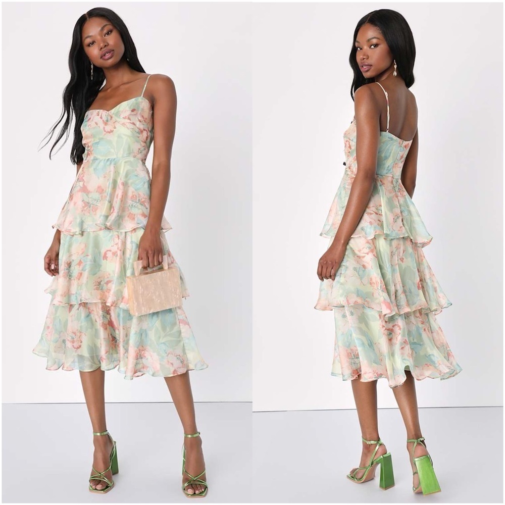 LULU’S Darling Aesthetic Green Floral Print Tiered Midi Dress